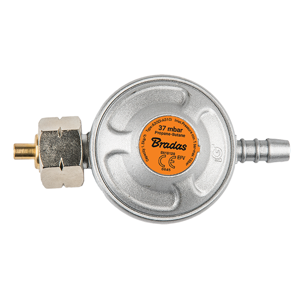 Bradas reduktor gazowy 37mbar 1.5kg/h z zaworem bezp.na wąż 9-10mm 1