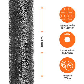 Siatka hexagonalna OC 13mm x 13mm/0.6mm/100cm/25m 1